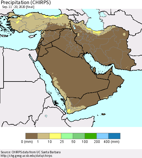 Middle East and Turkey Precipitation (CHIRPS) Thematic Map For 9/11/2020 - 9/20/2020
