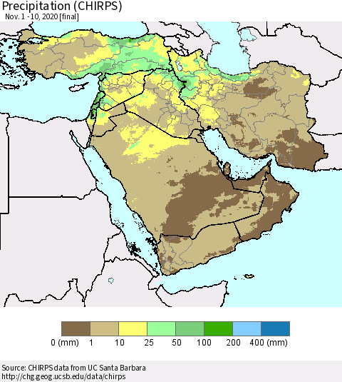 Middle East and Turkey Precipitation (CHIRPS) Thematic Map For 11/1/2020 - 11/10/2020