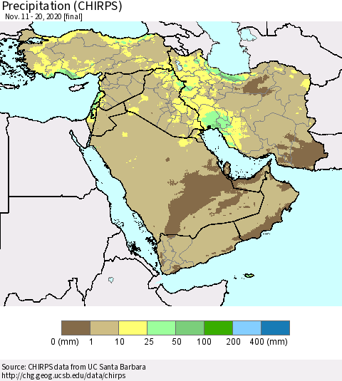 Middle East and Turkey Precipitation (CHIRPS) Thematic Map For 11/11/2020 - 11/20/2020