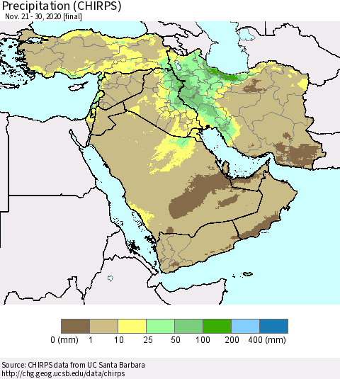 Middle East and Turkey Precipitation (CHIRPS) Thematic Map For 11/21/2020 - 11/30/2020