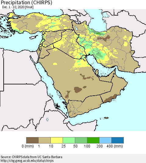 Middle East and Turkey Precipitation (CHIRPS) Thematic Map For 12/1/2020 - 12/10/2020