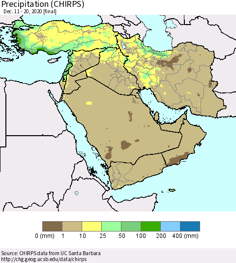 Middle East and Turkey Precipitation (CHIRPS) Thematic Map For 12/11/2020 - 12/20/2020