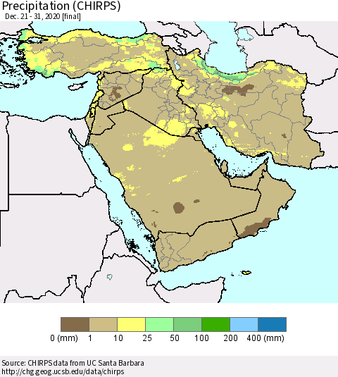 Middle East and Turkey Precipitation (CHIRPS) Thematic Map For 12/21/2020 - 12/31/2020