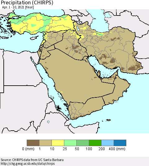 Middle East and Turkey Precipitation (CHIRPS) Thematic Map For 4/1/2021 - 4/10/2021