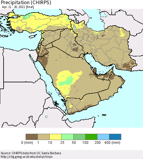 Middle East and Turkey Precipitation (CHIRPS) Thematic Map For 4/11/2021 - 4/20/2021
