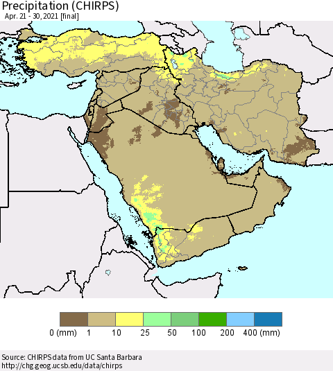 Middle East and Turkey Precipitation (CHIRPS) Thematic Map For 4/21/2021 - 4/30/2021
