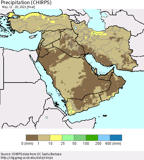 Middle East and Turkey Precipitation (CHIRPS) Thematic Map For 5/11/2021 - 5/20/2021