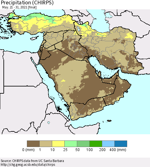 Middle East and Turkey Precipitation (CHIRPS) Thematic Map For 5/21/2021 - 5/31/2021