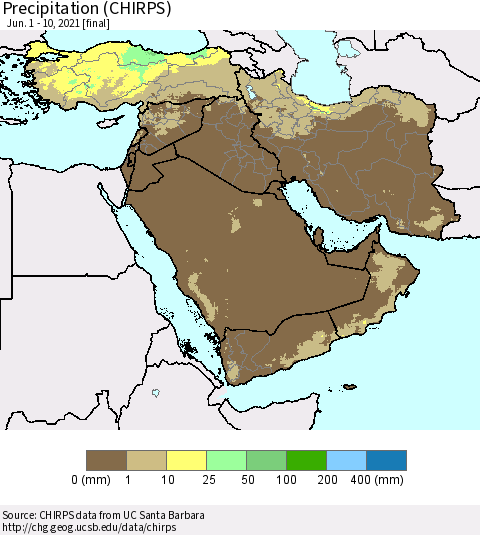 Middle East and Turkey Precipitation (CHIRPS) Thematic Map For 6/1/2021 - 6/10/2021