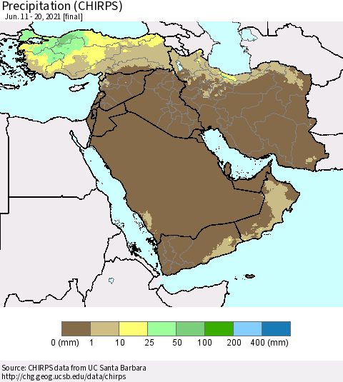 Middle East and Turkey Precipitation (CHIRPS) Thematic Map For 6/11/2021 - 6/20/2021