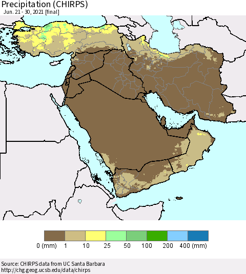Middle East and Turkey Precipitation (CHIRPS) Thematic Map For 6/21/2021 - 6/30/2021