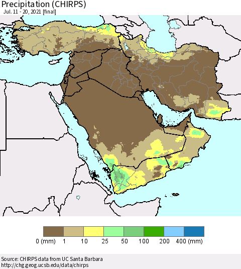 Middle East and Turkey Precipitation (CHIRPS) Thematic Map For 7/11/2021 - 7/20/2021