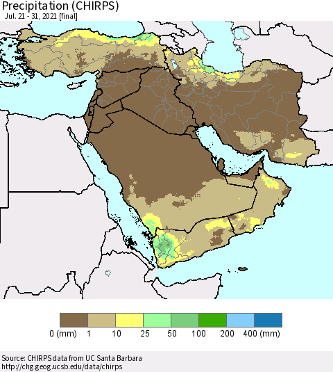 Middle East and Turkey Precipitation (CHIRPS) Thematic Map For 7/21/2021 - 7/31/2021