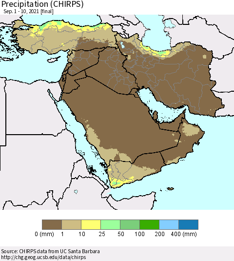 Middle East and Turkey Precipitation (CHIRPS) Thematic Map For 9/1/2021 - 9/10/2021