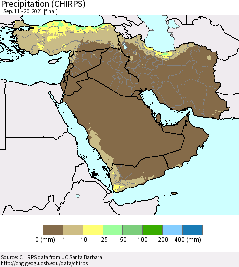 Middle East and Turkey Precipitation (CHIRPS) Thematic Map For 9/11/2021 - 9/20/2021