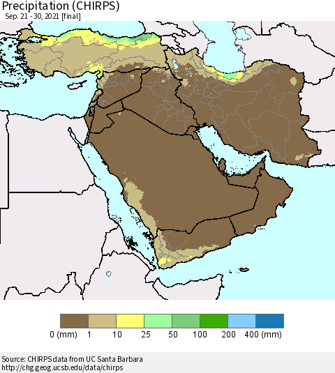 Middle East and Turkey Precipitation (CHIRPS) Thematic Map For 9/21/2021 - 9/30/2021