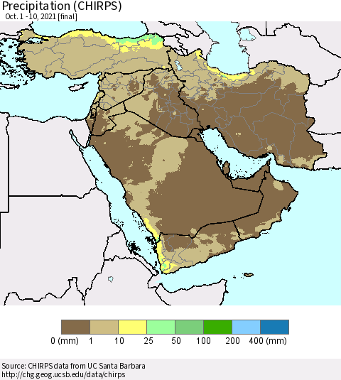 Middle East and Turkey Precipitation (CHIRPS) Thematic Map For 10/1/2021 - 10/10/2021