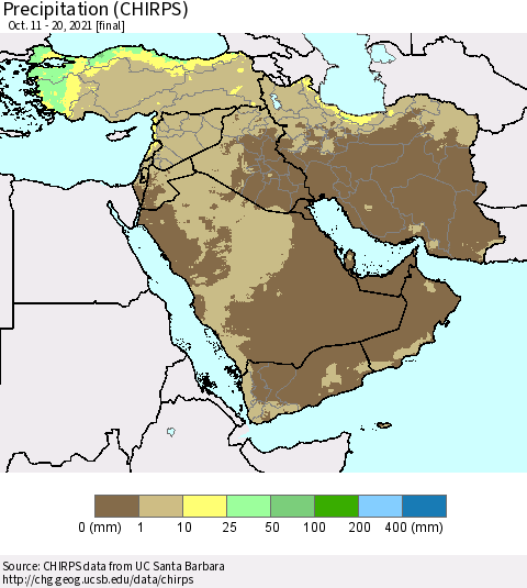 Middle East and Turkey Precipitation (CHIRPS) Thematic Map For 10/11/2021 - 10/20/2021