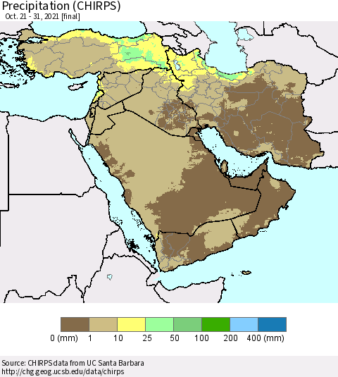 Middle East and Turkey Precipitation (CHIRPS) Thematic Map For 10/21/2021 - 10/31/2021