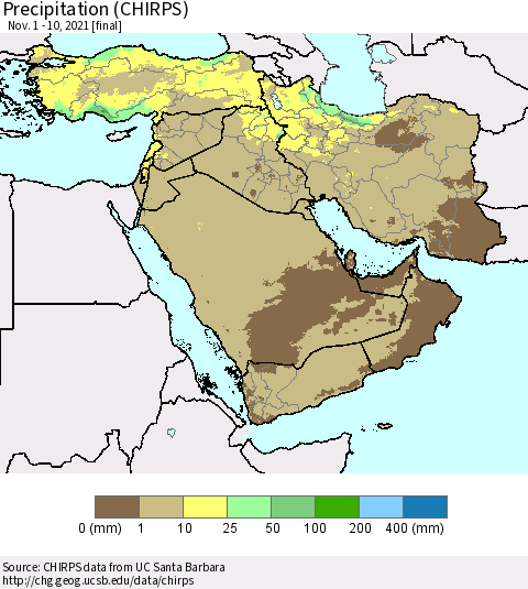 Middle East and Turkey Precipitation (CHIRPS) Thematic Map For 11/1/2021 - 11/10/2021
