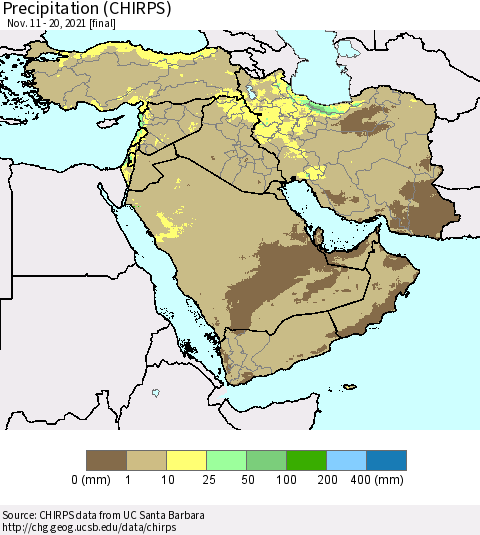 Middle East and Turkey Precipitation (CHIRPS) Thematic Map For 11/11/2021 - 11/20/2021