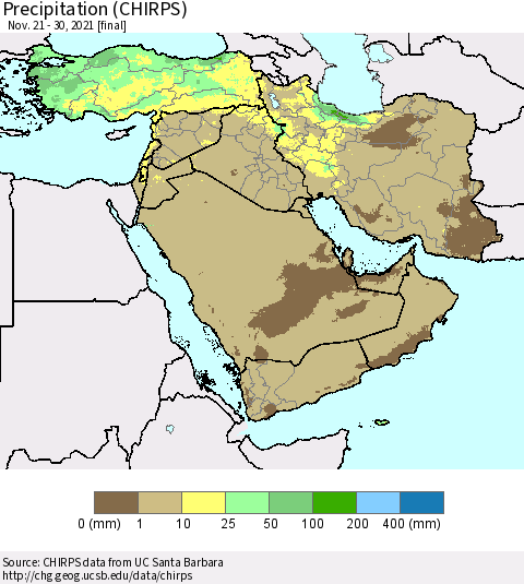 Middle East and Turkey Precipitation (CHIRPS) Thematic Map For 11/21/2021 - 11/30/2021