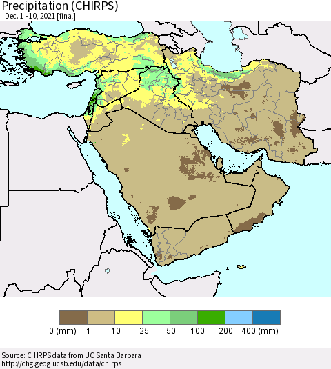 Middle East and Turkey Precipitation (CHIRPS) Thematic Map For 12/1/2021 - 12/10/2021
