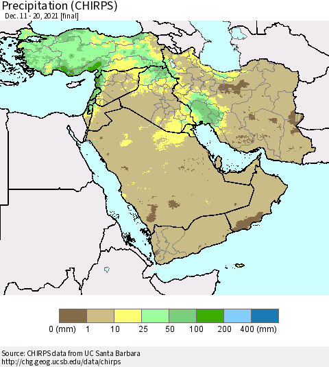 Middle East and Turkey Precipitation (CHIRPS) Thematic Map For 12/11/2021 - 12/20/2021