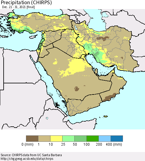 Middle East and Turkey Precipitation (CHIRPS) Thematic Map For 12/21/2021 - 12/31/2021