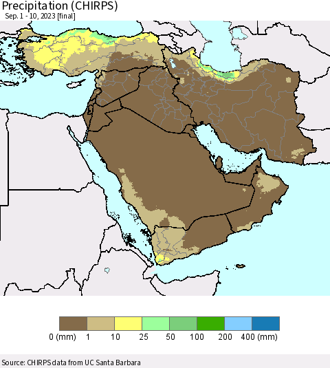 Middle East and Turkey Precipitation (CHIRPS) Thematic Map For 9/1/2023 - 9/10/2023