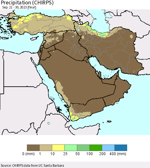 Middle East and Turkey Precipitation (CHIRPS) Thematic Map For 9/21/2023 - 9/30/2023