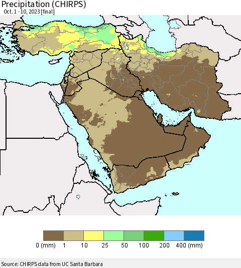 Middle East and Turkey Precipitation (CHIRPS) Thematic Map For 10/1/2023 - 10/10/2023