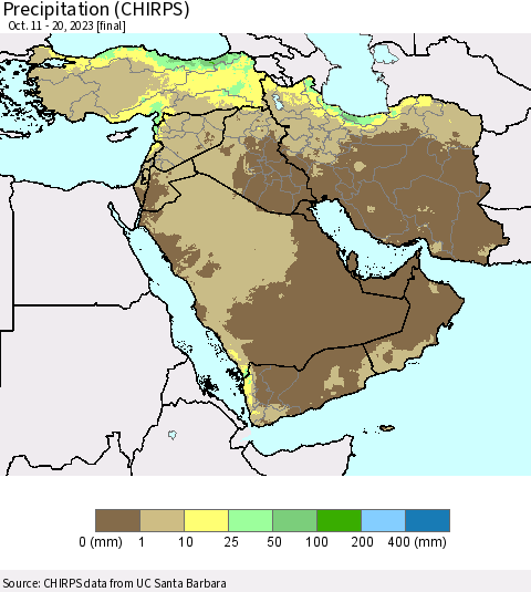 Middle East and Turkey Precipitation (CHIRPS) Thematic Map For 10/11/2023 - 10/20/2023