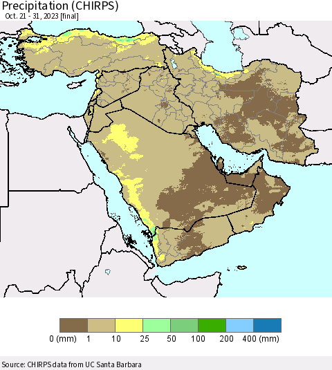 Middle East and Turkey Precipitation (CHIRPS) Thematic Map For 10/21/2023 - 10/31/2023