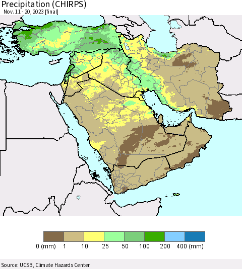 Middle East and Turkey Precipitation (CHIRPS) Thematic Map For 11/11/2023 - 11/20/2023