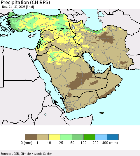 Middle East and Turkey Precipitation (CHIRPS) Thematic Map For 11/21/2023 - 11/30/2023