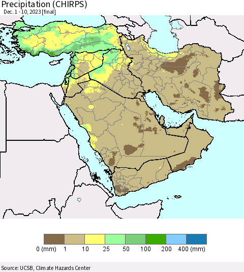 Middle East and Turkey Precipitation (CHIRPS) Thematic Map For 12/1/2023 - 12/10/2023