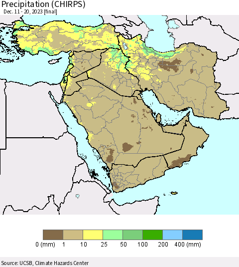 Middle East and Turkey Precipitation (CHIRPS) Thematic Map For 12/11/2023 - 12/20/2023
