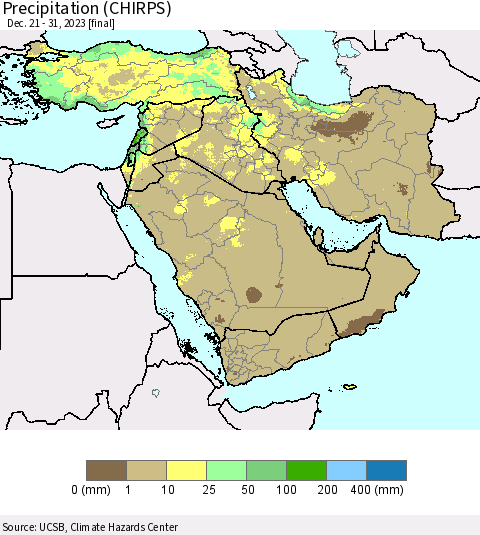 Middle East and Turkey Precipitation (CHIRPS) Thematic Map For 12/21/2023 - 12/31/2023