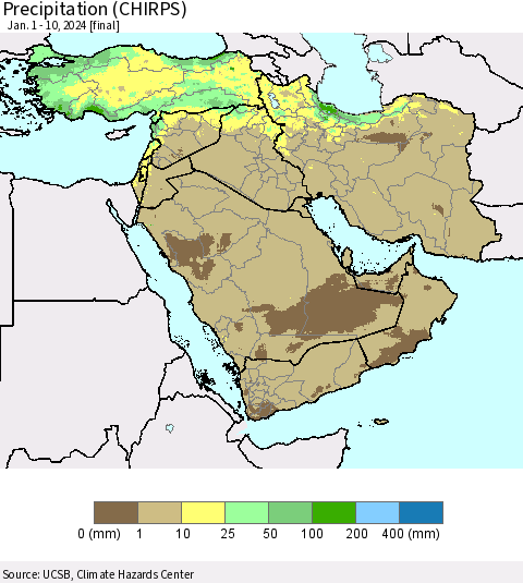 Middle East and Turkey Precipitation (CHIRPS) Thematic Map For 1/1/2024 - 1/10/2024