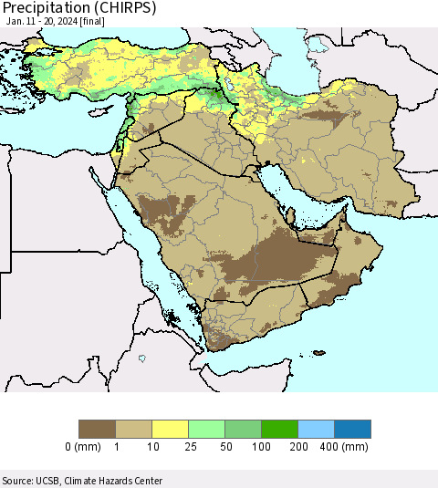 Middle East and Turkey Precipitation (CHIRPS) Thematic Map For 1/11/2024 - 1/20/2024