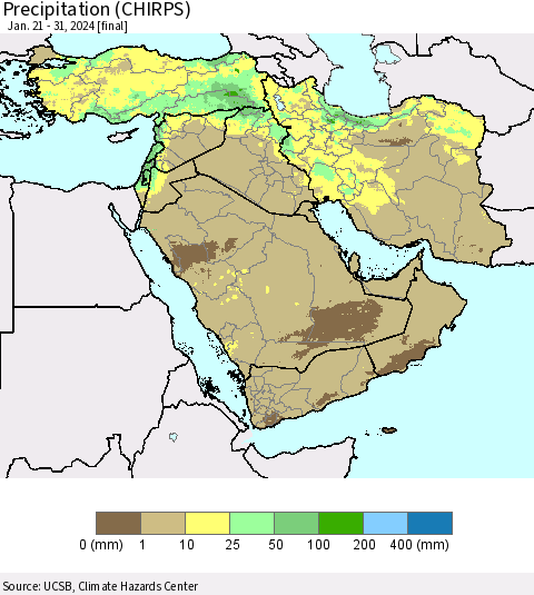 Middle East and Turkey Precipitation (CHIRPS) Thematic Map For 1/21/2024 - 1/31/2024