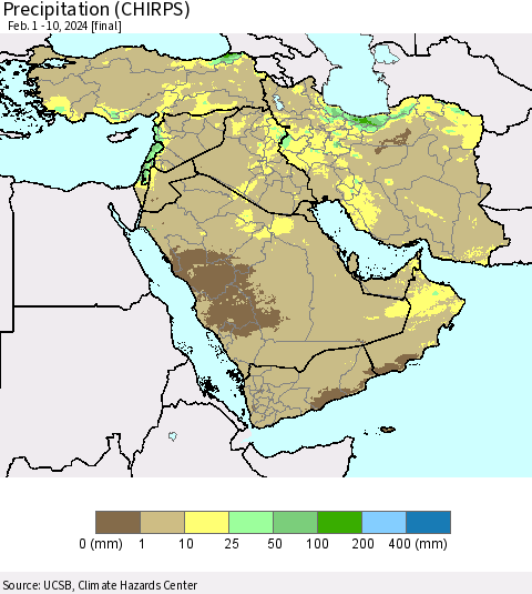 Middle East and Turkey Precipitation (CHIRPS) Thematic Map For 2/1/2024 - 2/10/2024