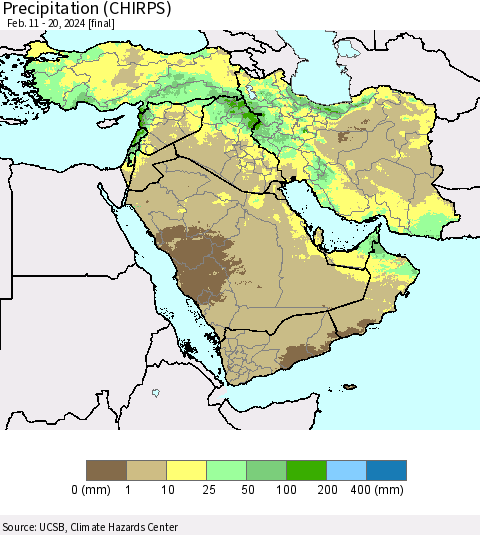 Middle East and Turkey Precipitation (CHIRPS) Thematic Map For 2/11/2024 - 2/20/2024