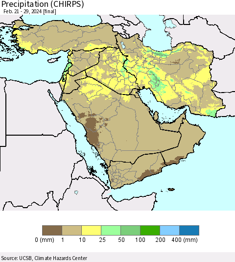 Middle East and Turkey Precipitation (CHIRPS) Thematic Map For 2/21/2024 - 2/29/2024