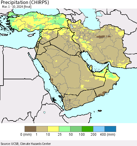 Middle East and Turkey Precipitation (CHIRPS) Thematic Map For 3/1/2024 - 3/10/2024