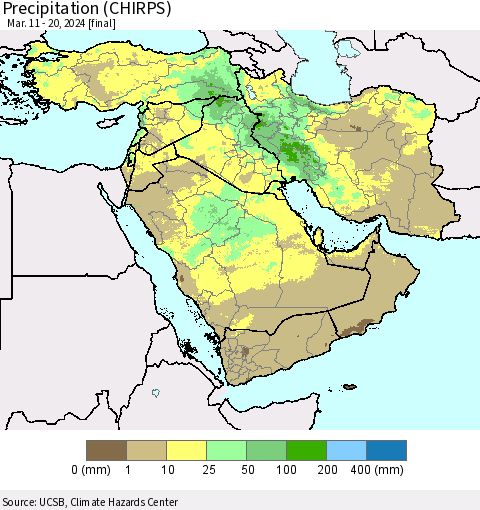 Middle East and Turkey Precipitation (CHIRPS) Thematic Map For 3/11/2024 - 3/20/2024