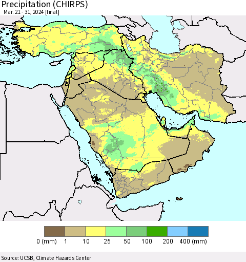Middle East and Turkey Precipitation (CHIRPS) Thematic Map For 3/21/2024 - 3/31/2024
