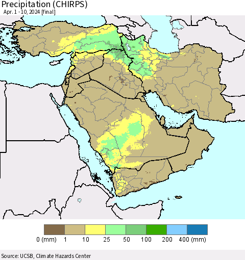 Middle East and Turkey Precipitation (CHIRPS) Thematic Map For 4/1/2024 - 4/10/2024