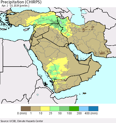 Middle East and Turkey Precipitation (CHIRPS) Thematic Map For 4/1/2024 - 4/10/2024